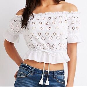 Charlotte Russe Eyelet Off The Shoulder mustard Crop Top Size XS
